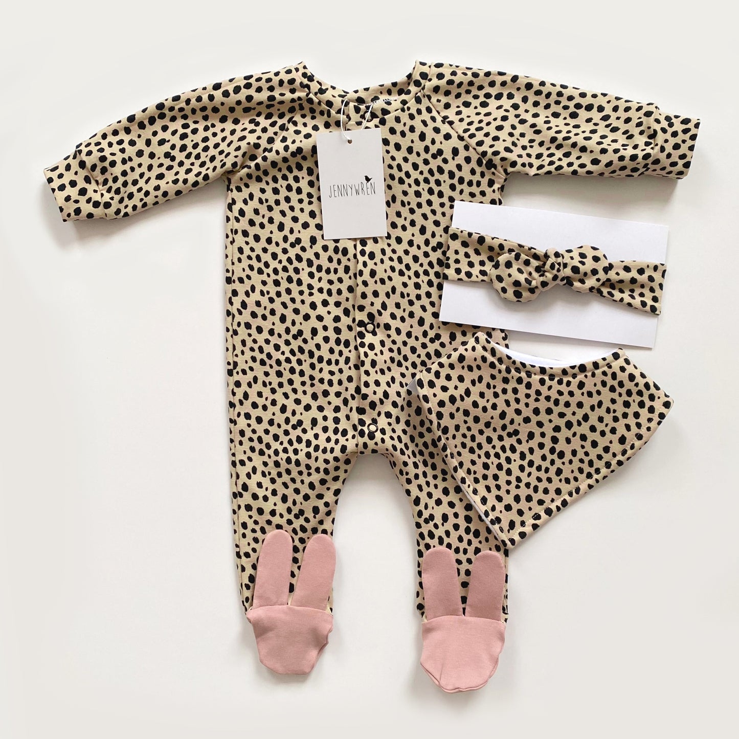 Sand dalmatian dusky pink bunny footed babygrow, bib and headband set